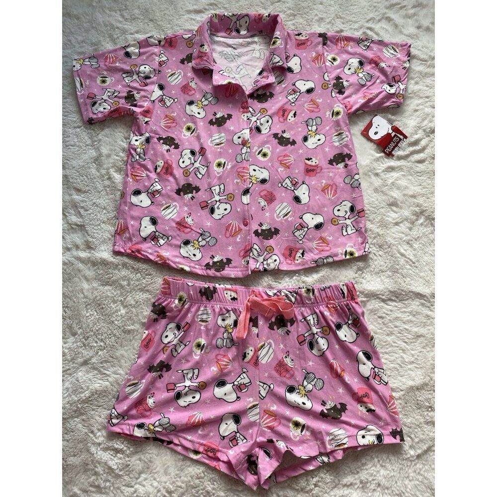 2pc Halloween Snoopy Pajama PJ Set Shorts Women’s Sz M Hot Cocoa Bats Pink NEW